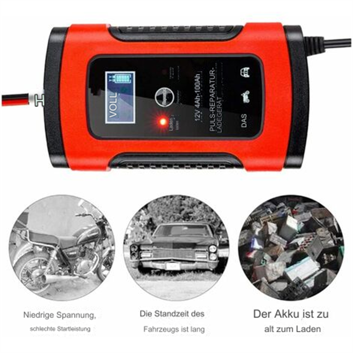 Rotes und schwarzes Autobatterieladegerät, mit Bildschirm und Diagrammen.