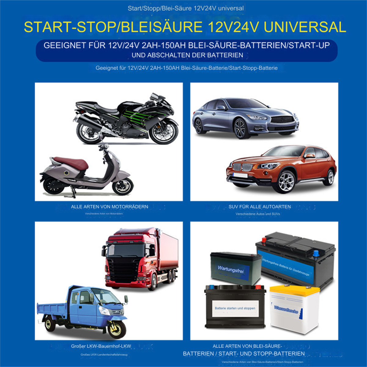Das Bild zeigt verschiedene Fahrzeuge: Motorräder, Autos, Lastwagen und eine Batterie. Der Text wirbt für Batterietypen.