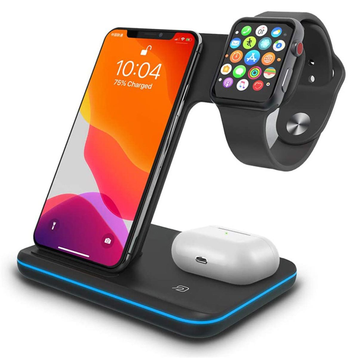 Schwarzes kabelloses Ladegerät mit Telefon, Uhr und Kopfhörer-Etui.