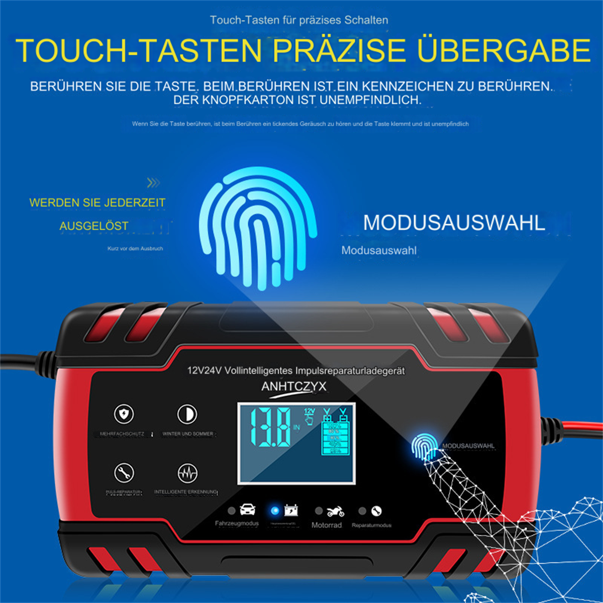 Ein schwarz-rotes Batterieladegerät mit Digitalanzeige und verschiedenen Bedientasten.
