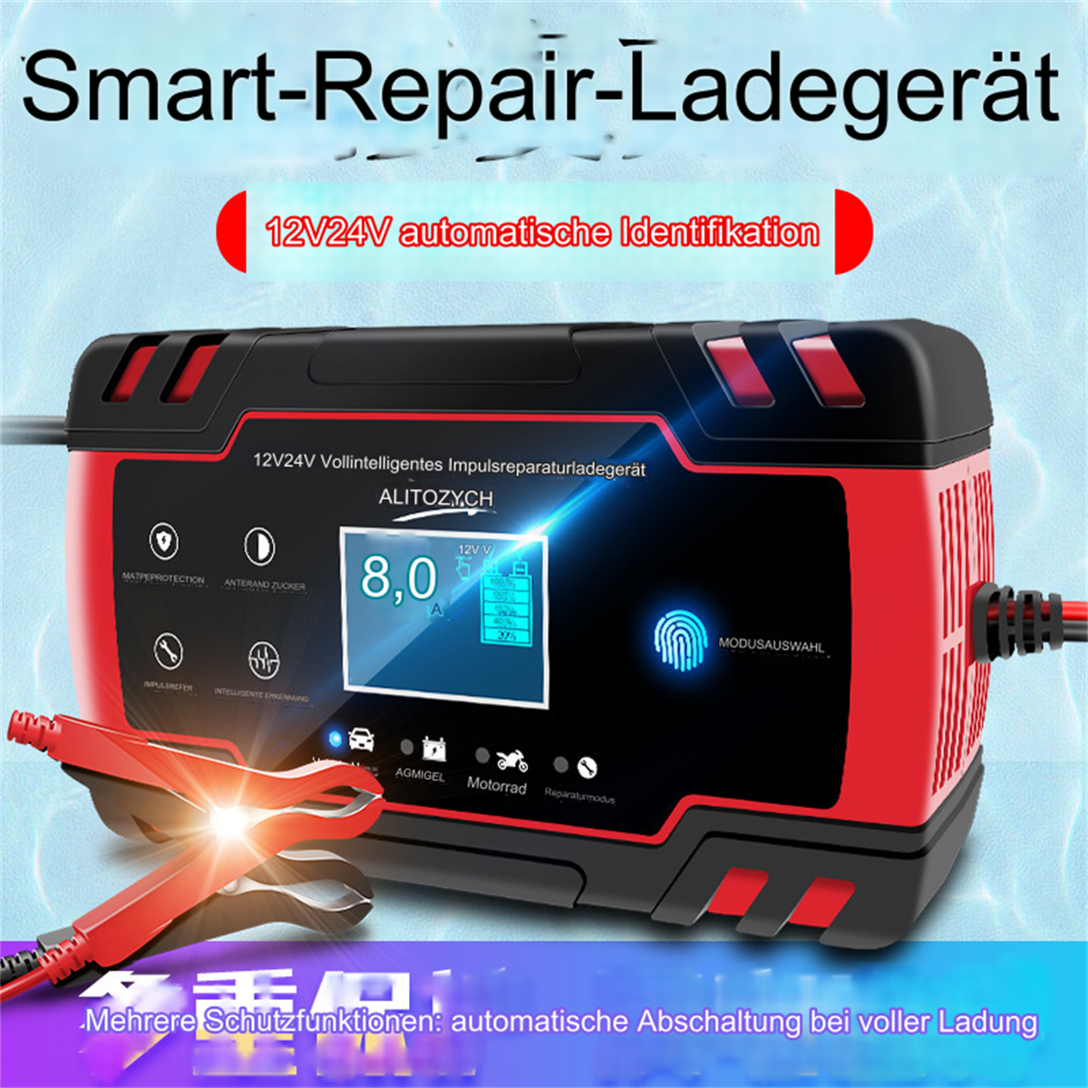 Ein rot-schwarzes Autobatterieladegerät mit digitaler Anzeige.