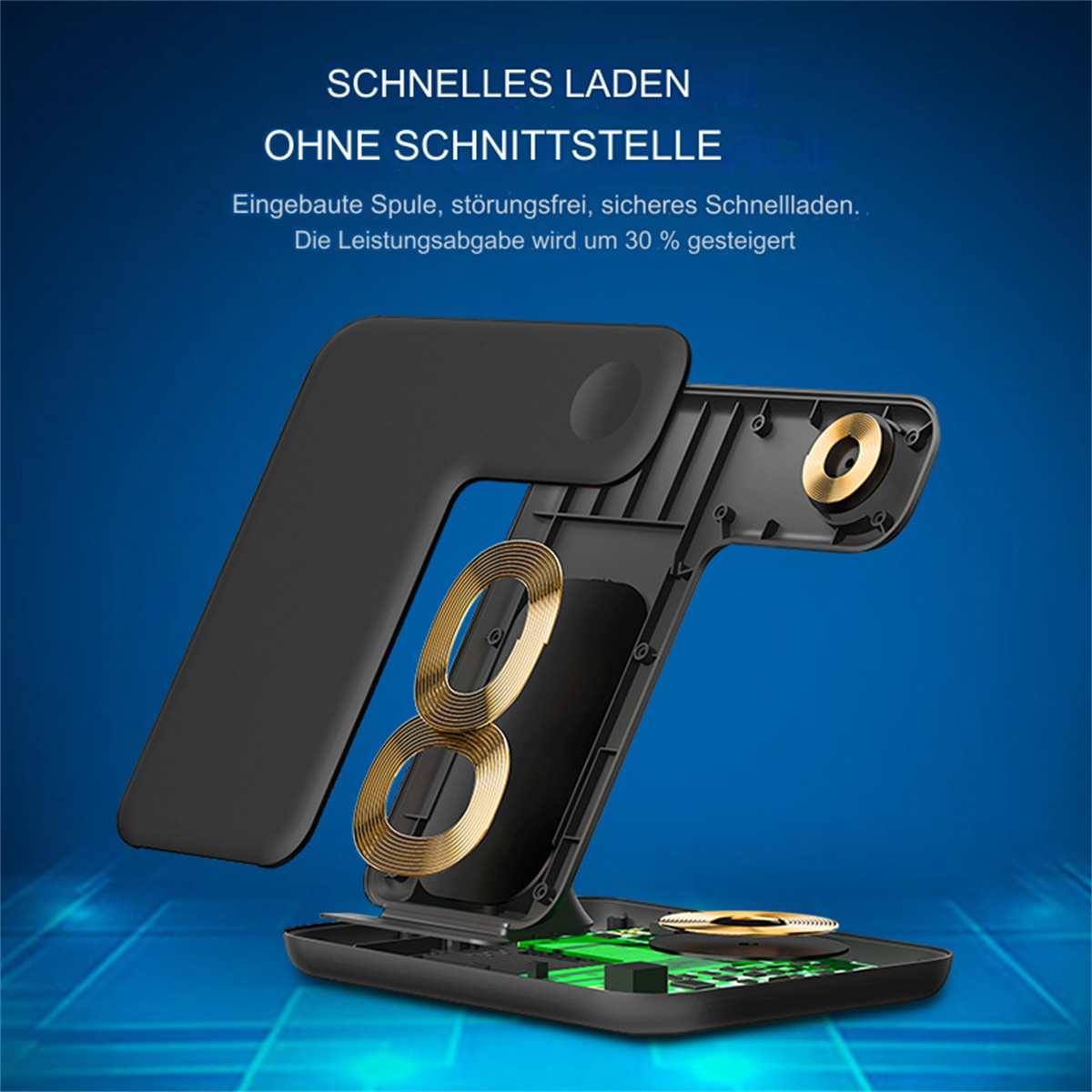 Schwarzes kabelloses Ladegerät mit internen Spulen. Text: Schnelles Laden, keine Störungen. Die Leistung wird um 30 % erhöht.