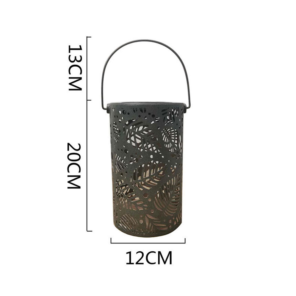 Schwarze Metalllaterne mit Griff, mit Abmessungen in Zentimetern.
