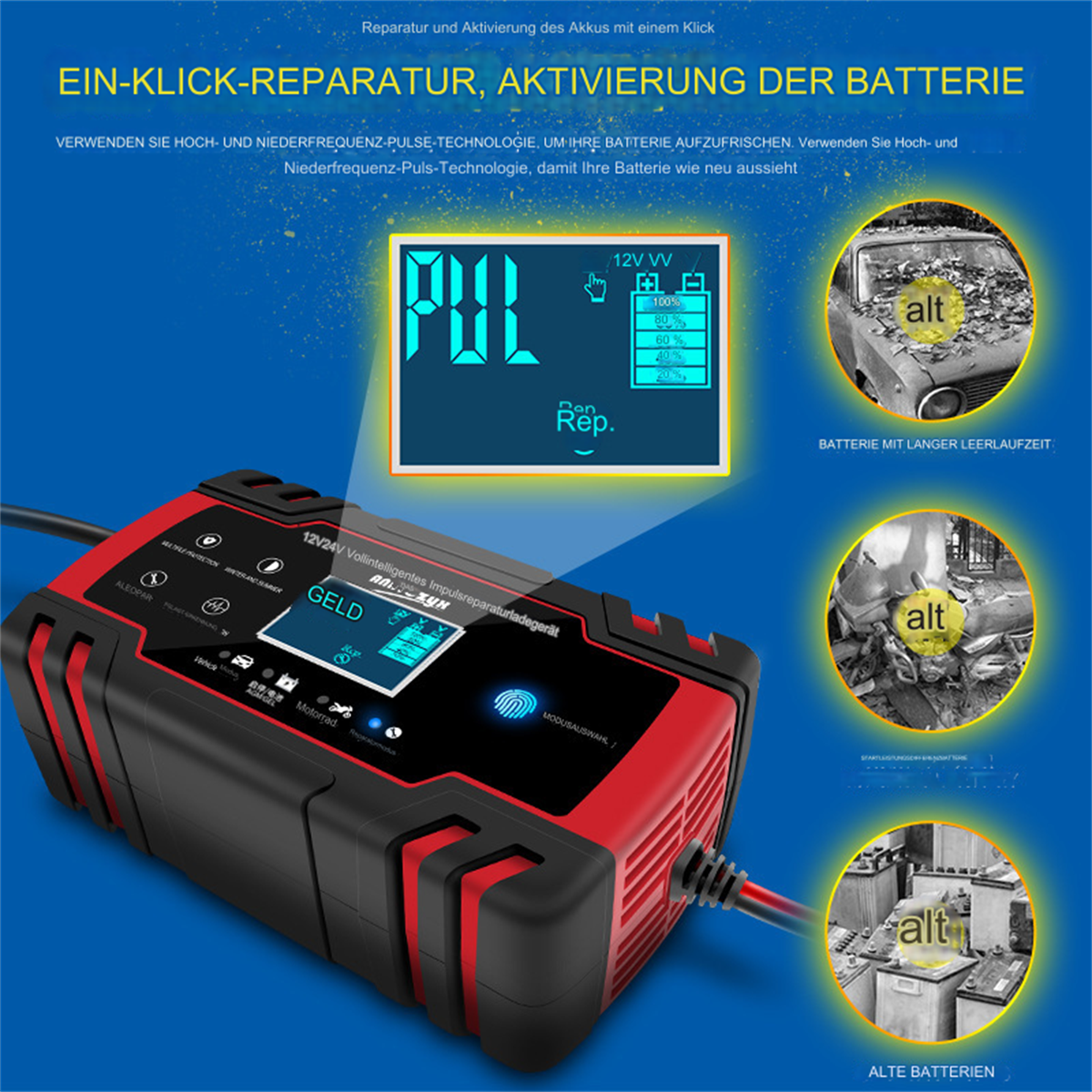 Batterieladegerät mit Digitalanzeige und zusätzlichen Bildern von alten Batterien und einem Auto.