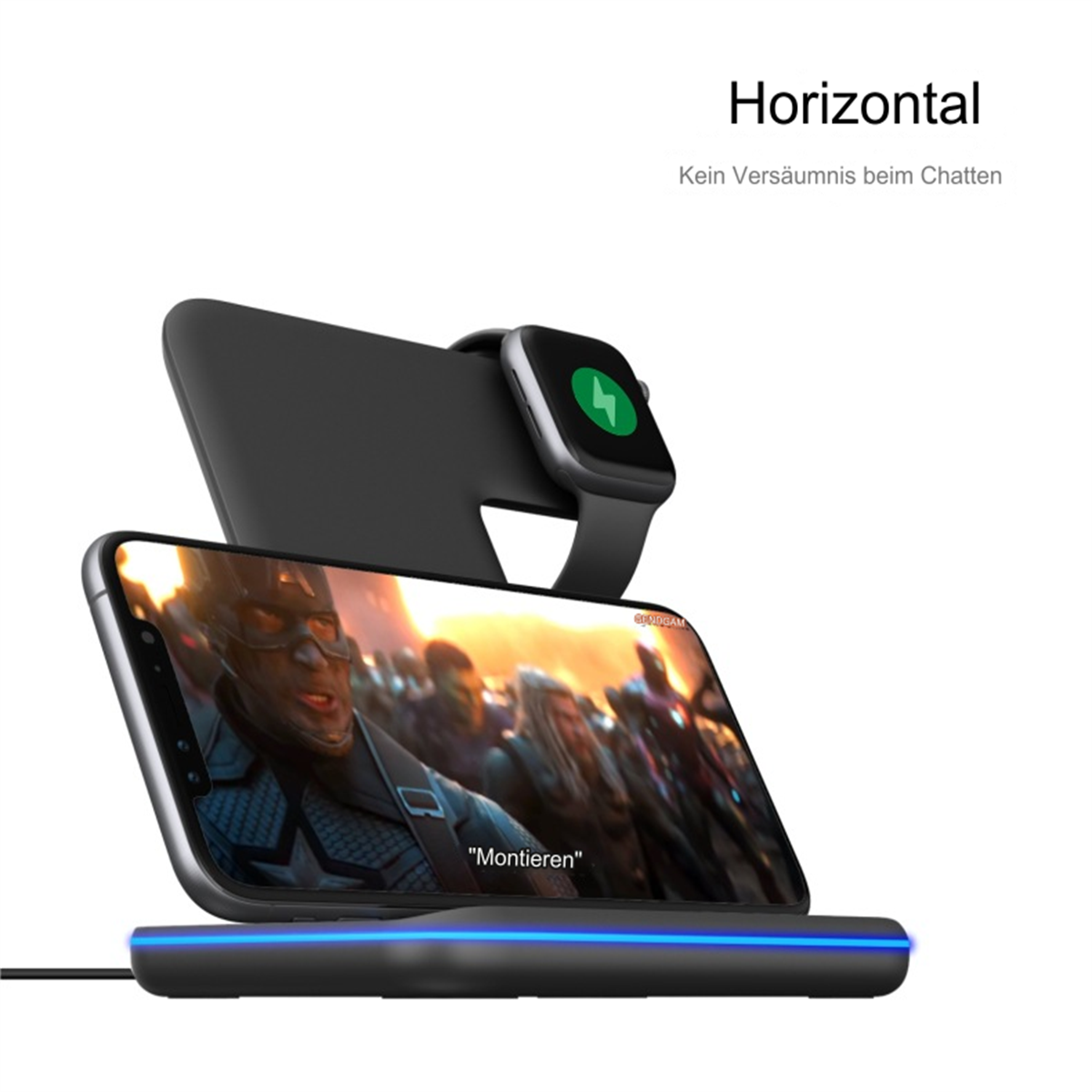 Telefon und Smartwatch laden auf einem schwarzen horizontalen Ladeständer, mit Video.