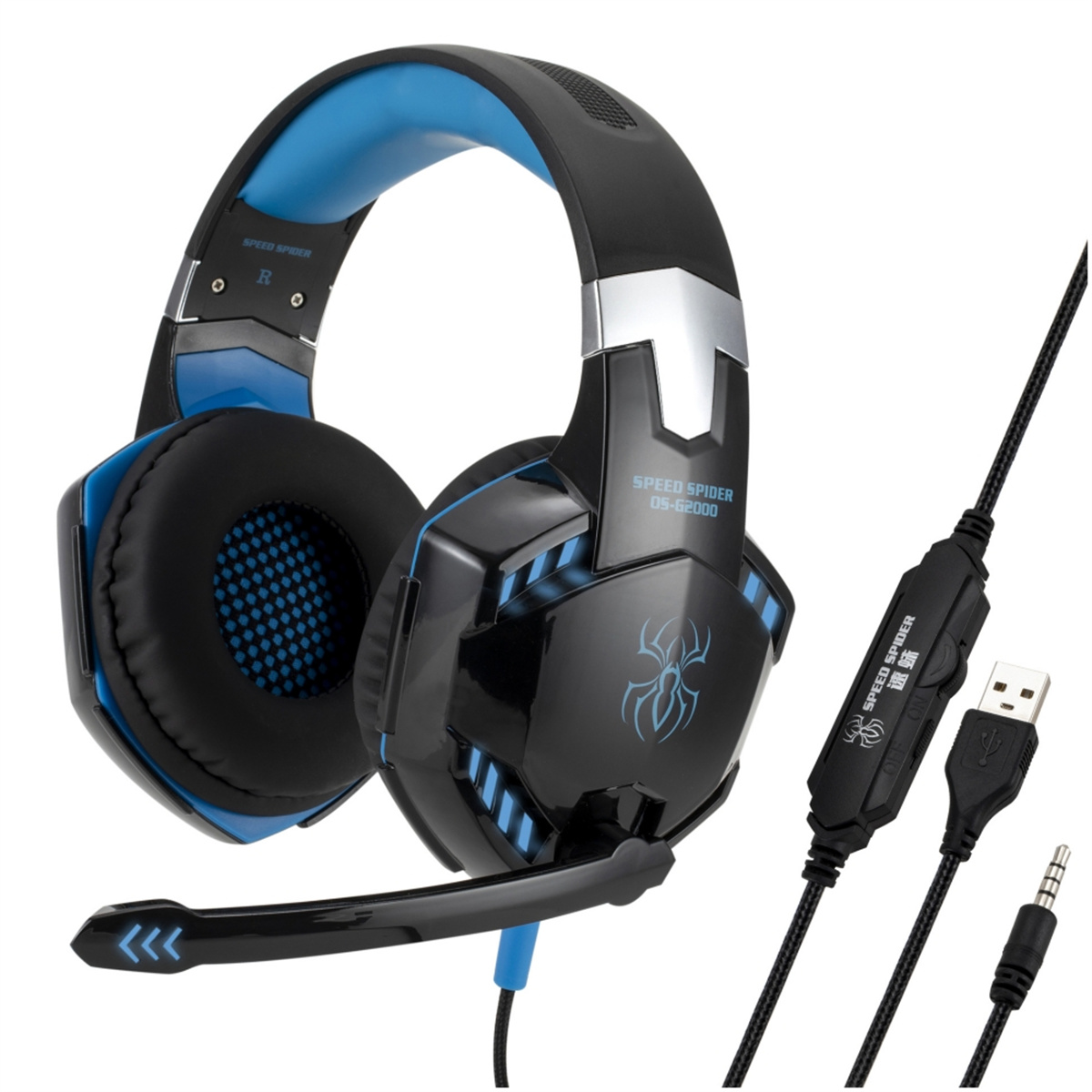 Schwarzes und blaues Gaming-Headset mit Mikrofon und Lautstärkeregler.
