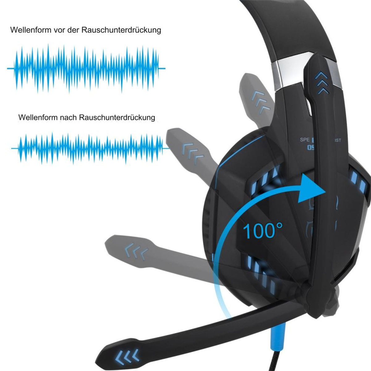Schwarzes und blaues Gaming-Headset, mit Rauschunterdrückungs-Wellenformdiagrammen und 100-Grad-Winkel.