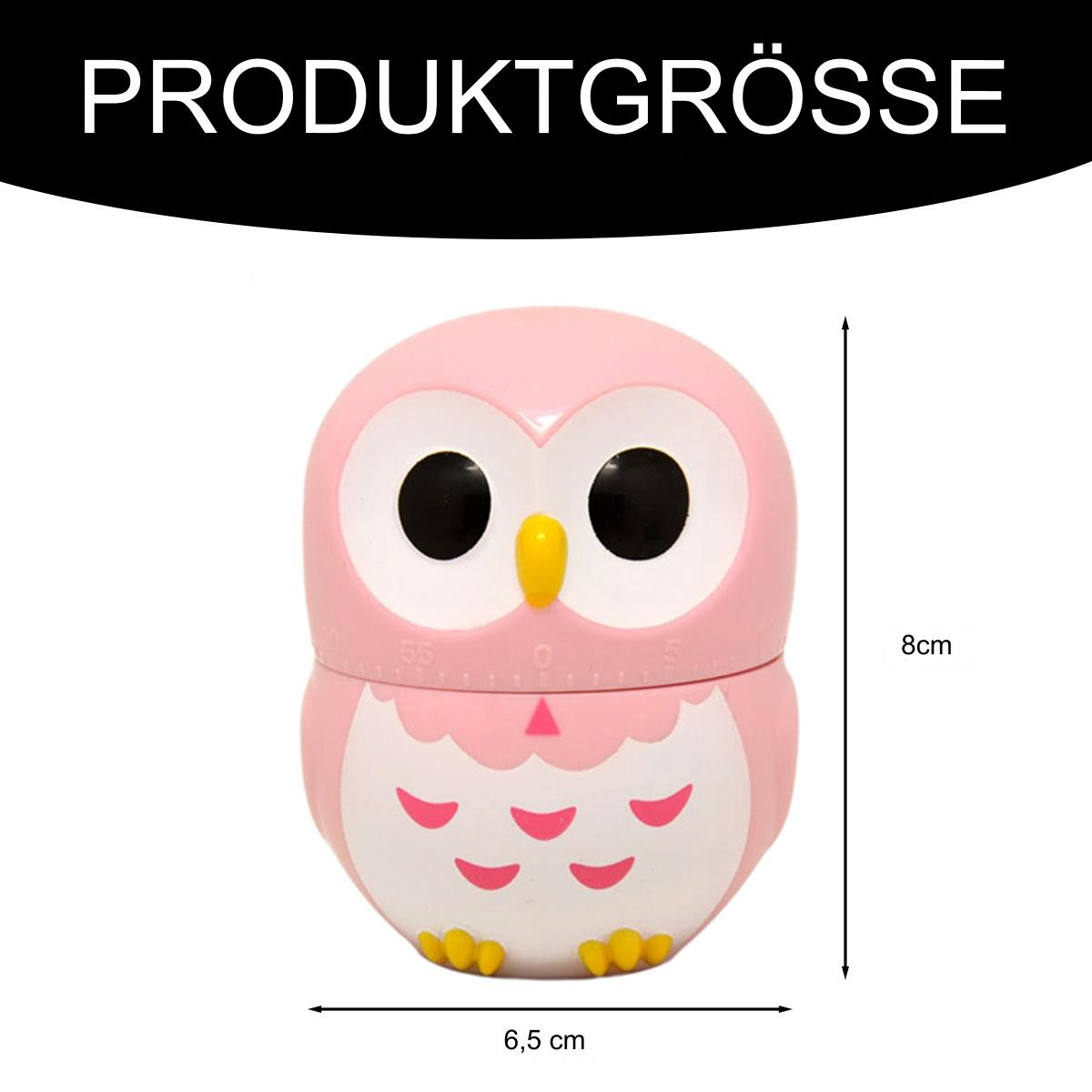 Rosa eulen-förmiger Küchentimer. Hat gelben Schnabel und Augen, mit Maßen und Text 'PRODUKTGRÖSSE'.