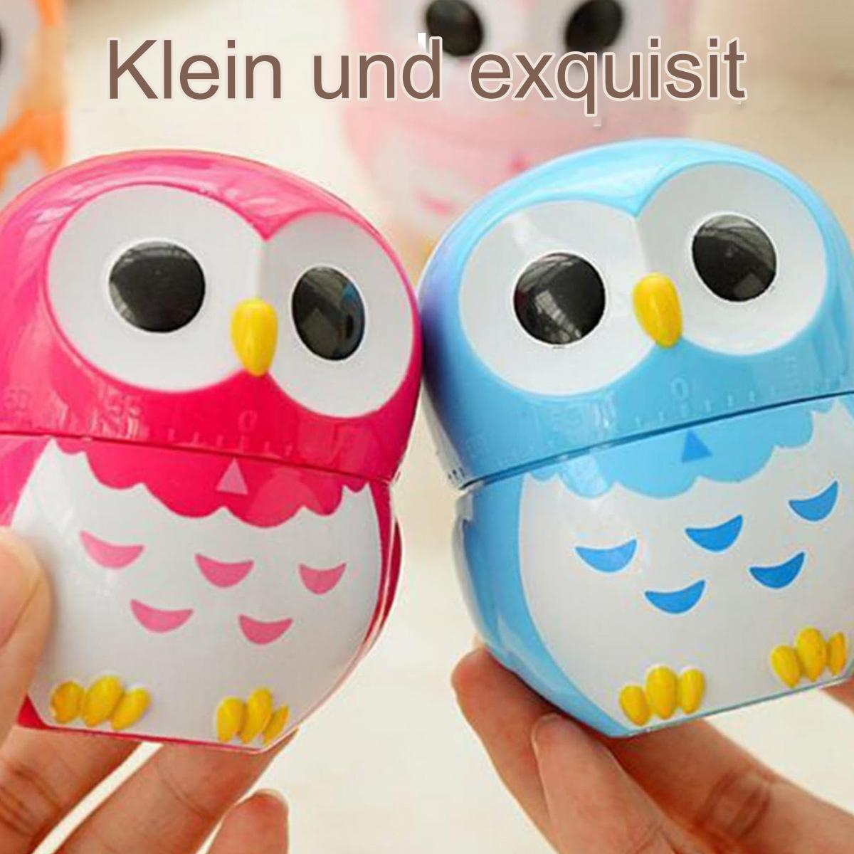 Zwei eulenformige Küchentimer, einer rosa und einer blau, mit dem Text „Klein und exquisit“.