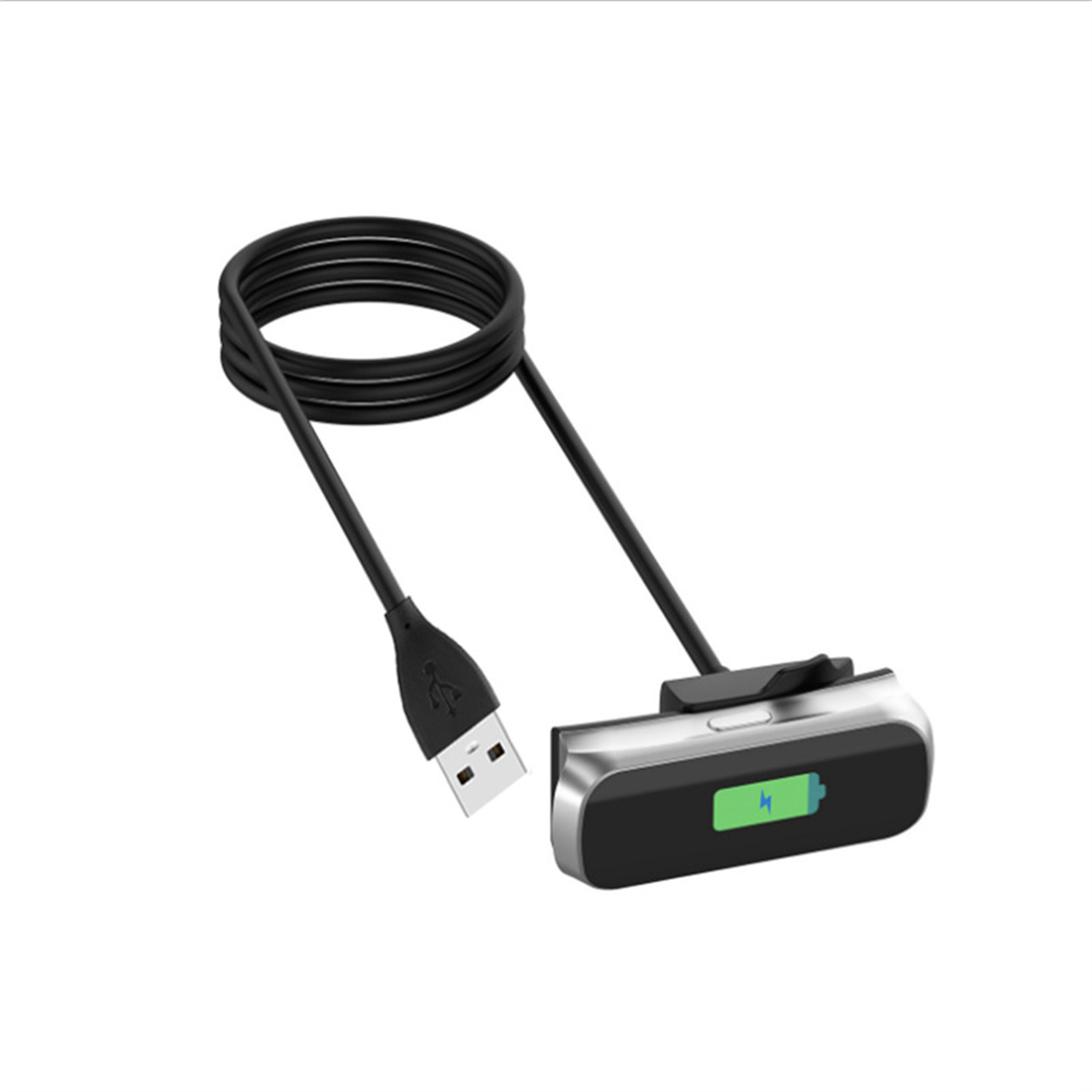 Ein schwarz-silbernes Ladegerät mit USB-Kabel. Es zeigt ein Akkusymbol mit voller Ladung.