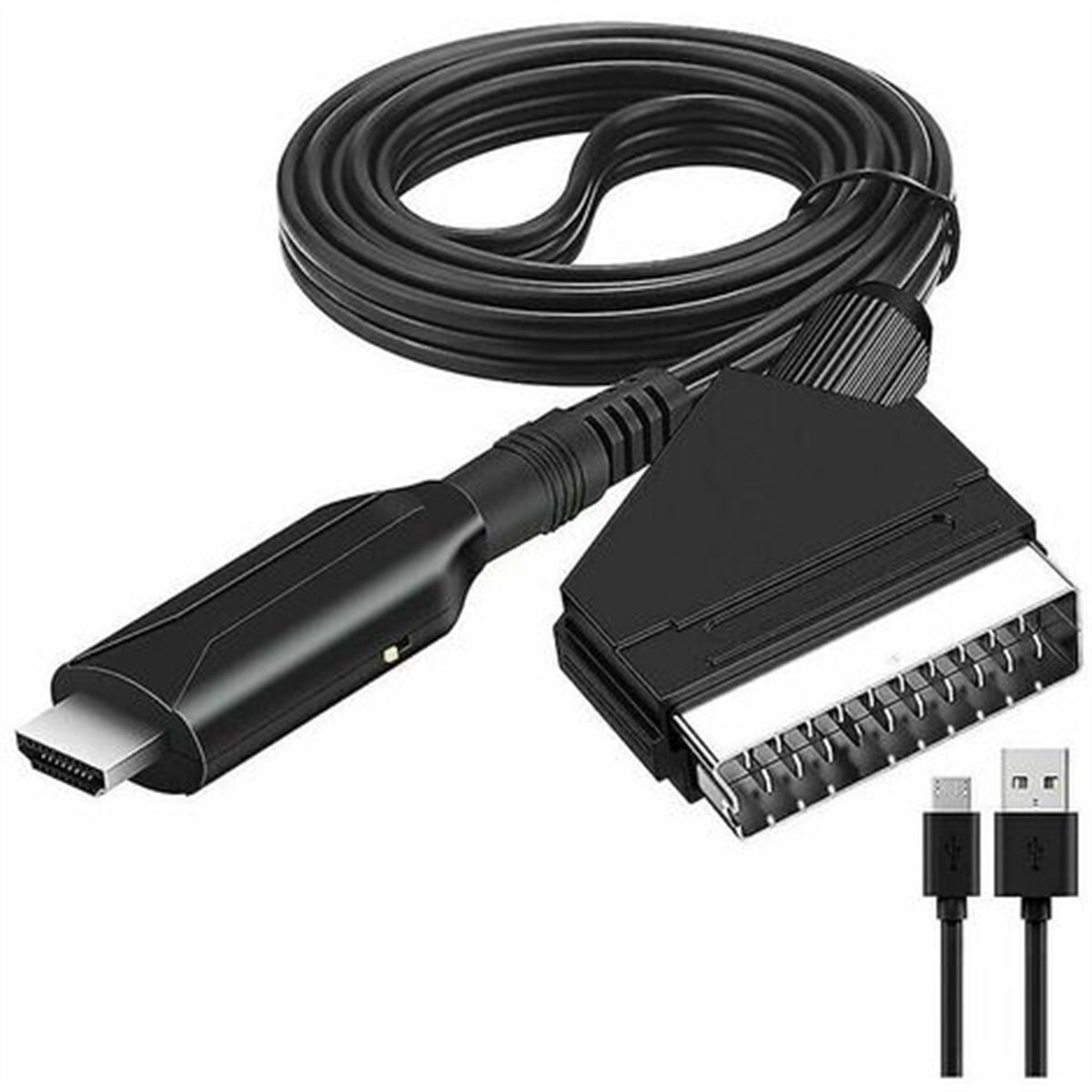 Schwarzes HDMI-zu-SCART-Kabel mit zwei kleinen USB-Anschlüssen.