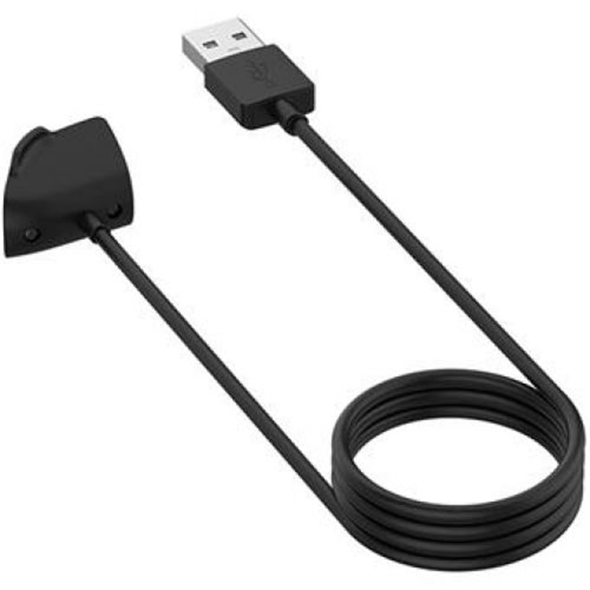 Schwarzes USB-Ladekabel mit USB-Anschluss und Ladeanschluss.