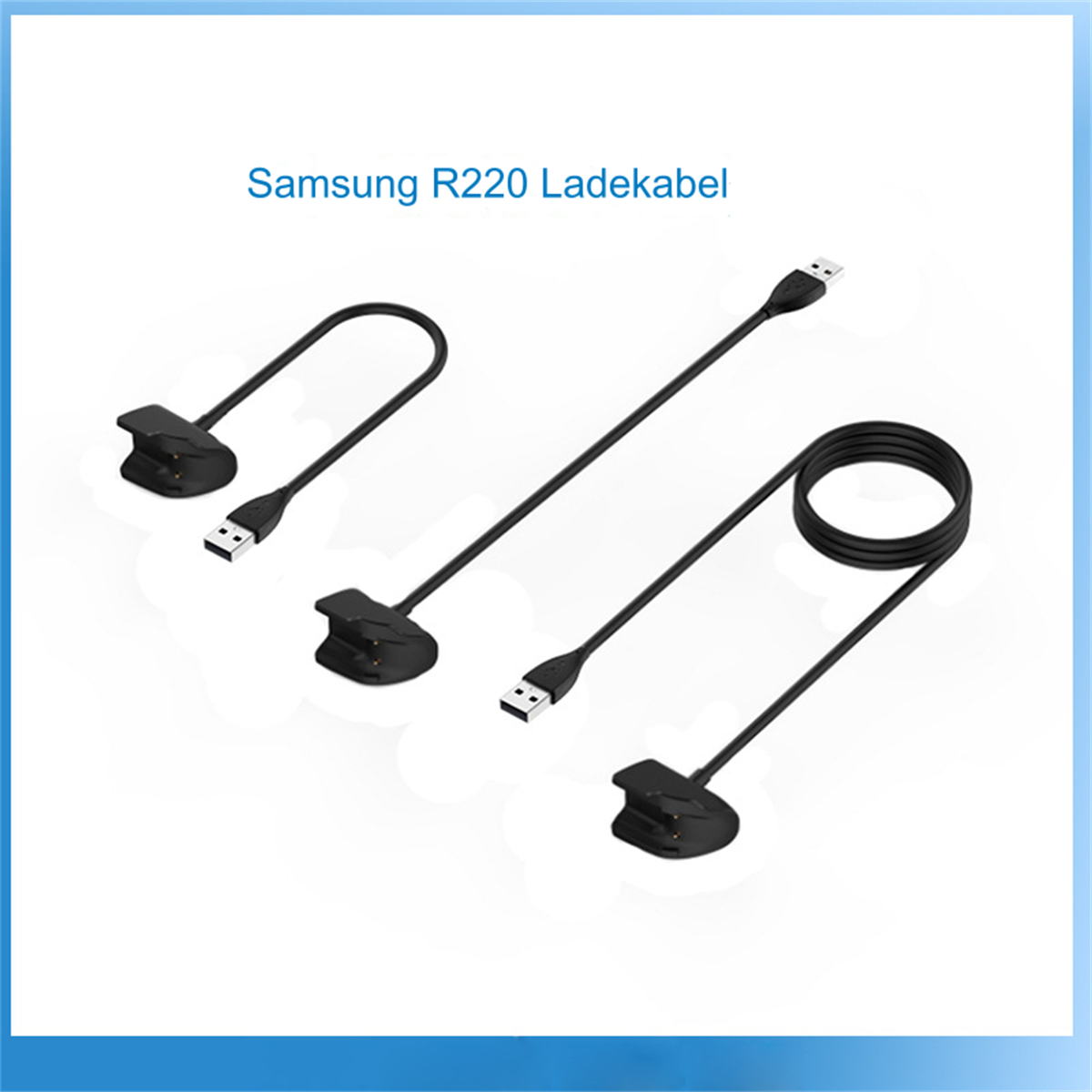 Drei schwarze Samsung R220 Ladekabel, jedes mit einem USB-Anschluss.