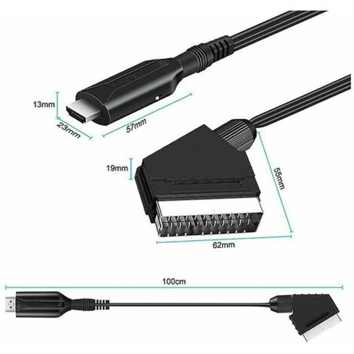 Schwarzes HDMI-zu-SCART-Kabel mit Messungen. Das Kabel wird in drei Ansichten gezeigt.