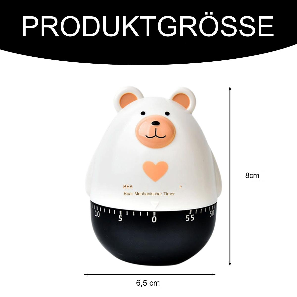Bärenförmiger Küchentimer. Weißer Körper, schwarze Basis, rosa Herz. Abmessungen sind angegeben. Weißer Hintergrund.
