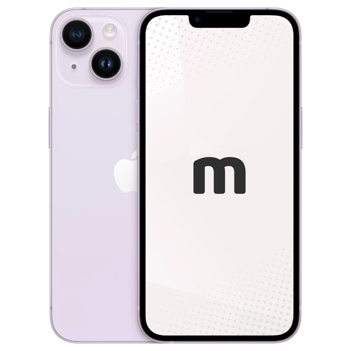 Liliowy iPhone z dwoma aparatami z tyłu i ekranem z czarną literą 'm' na białym tle.