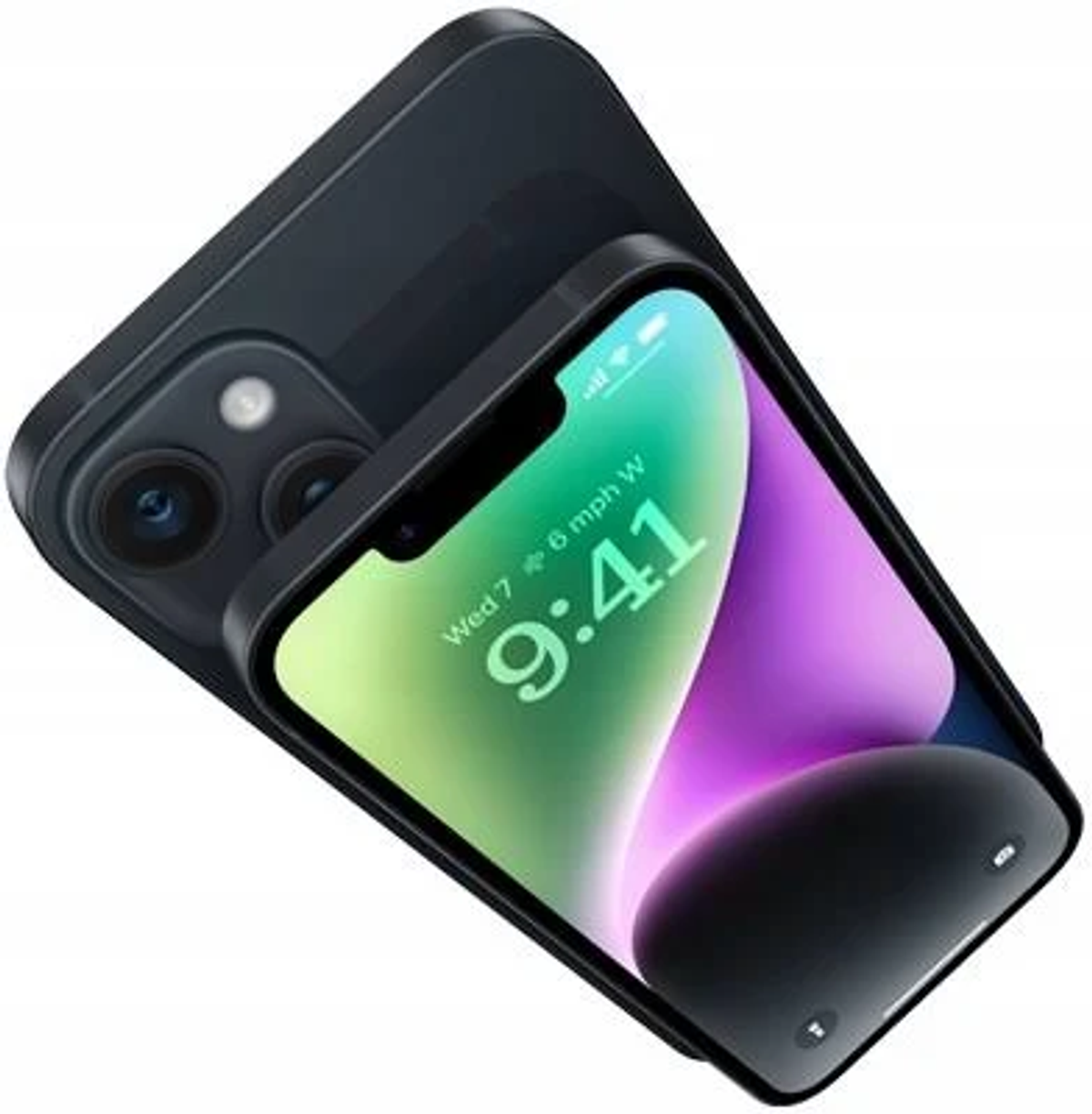 Czarny iPhone 14 z wyświetlaczem czasu i daty. Telefon jest pod kątem, na białym tle.