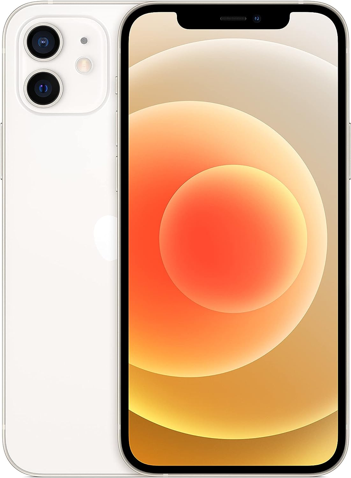 Biało-pomarańczowy smartfon, widok z przodu i z tyłu, z wypukłością kamery.
