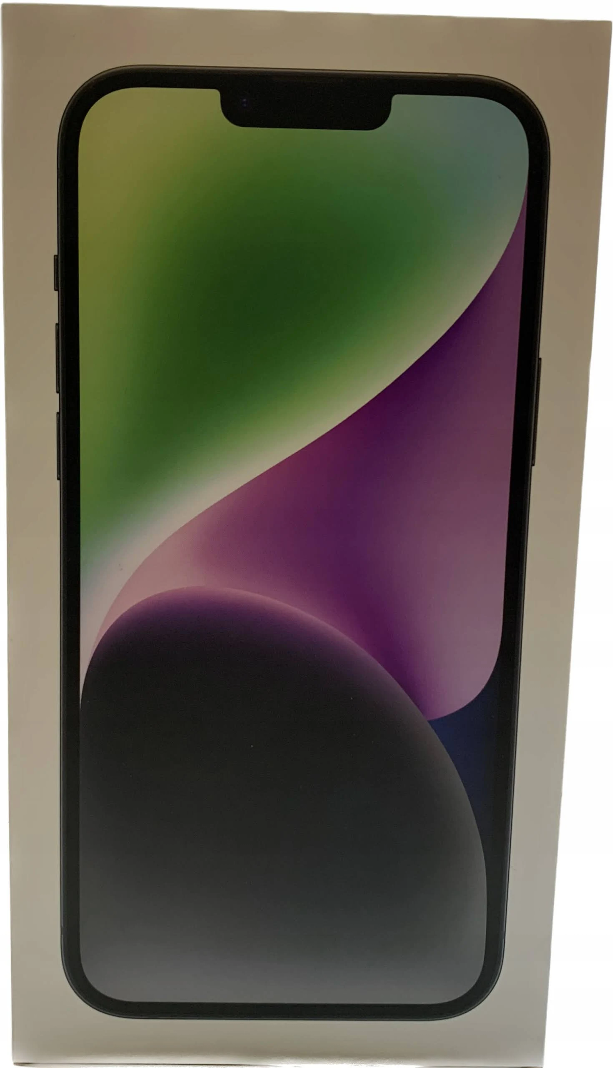 Przód smartfona w pudełku. Telefon ma ekran z kolorową grafiką.