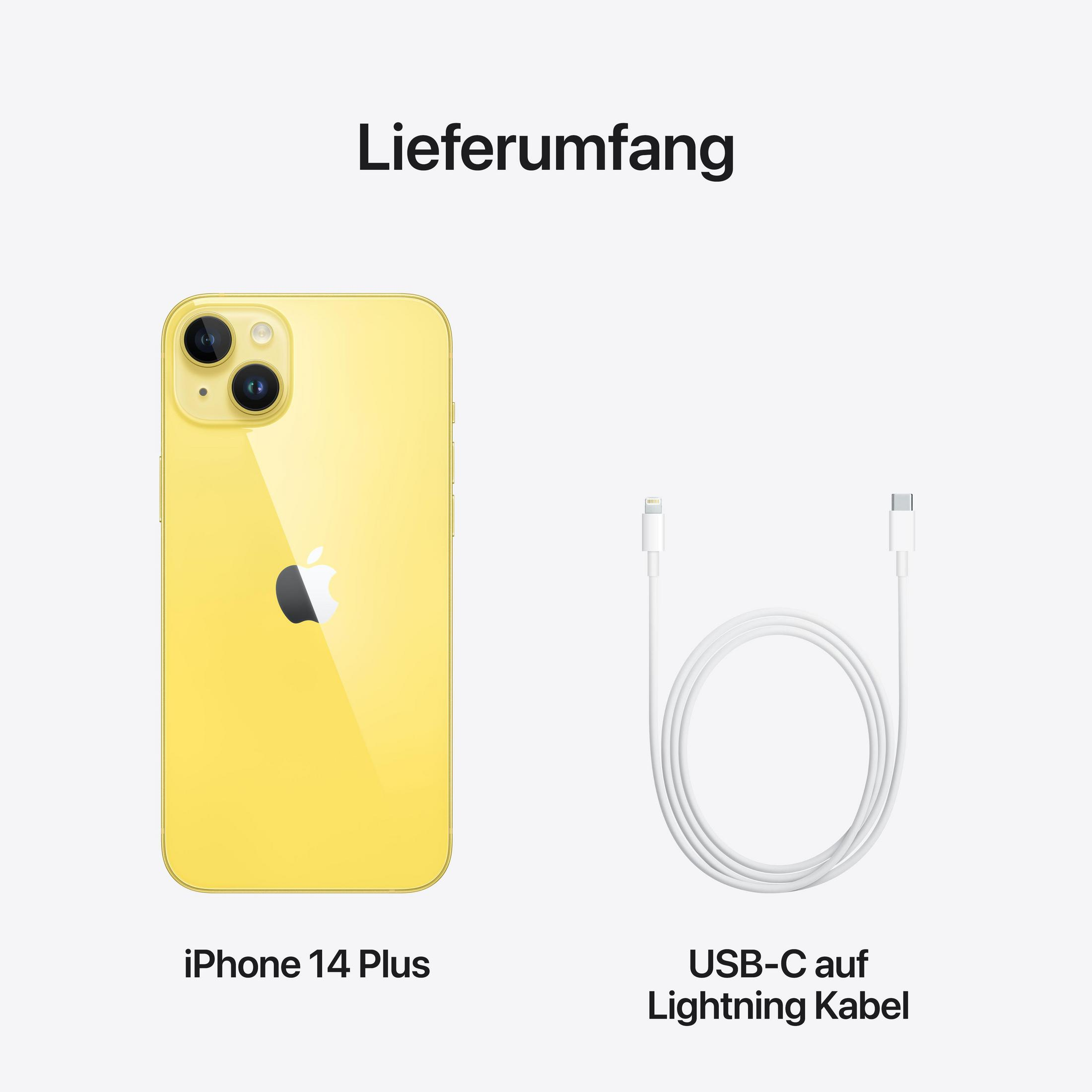 Żółty iPhone 14 Plus obok białego kabla USB-C do Lightning. Białe tło.