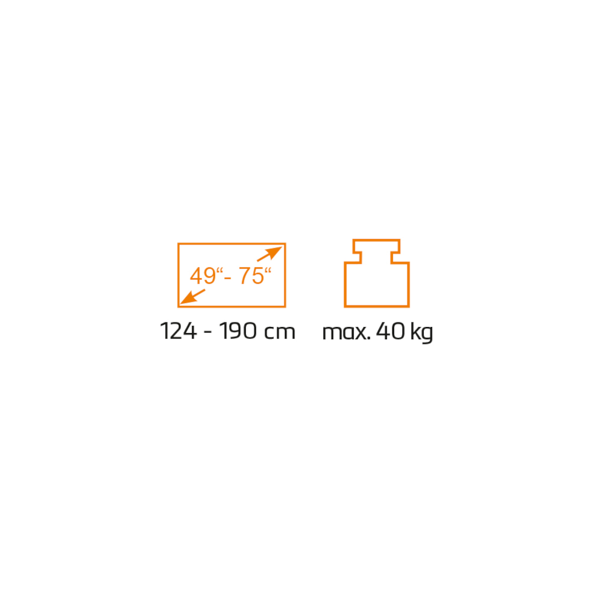 Diagramm mit Abmessungen von 49-75 Zoll, 124-190 cm und einem Gewicht von 40 kg.