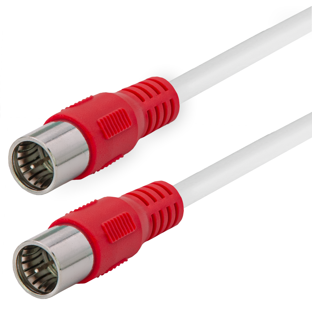 Zwei weiße Kabel mit roten Steckern. Kabel liegen nebeneinander.