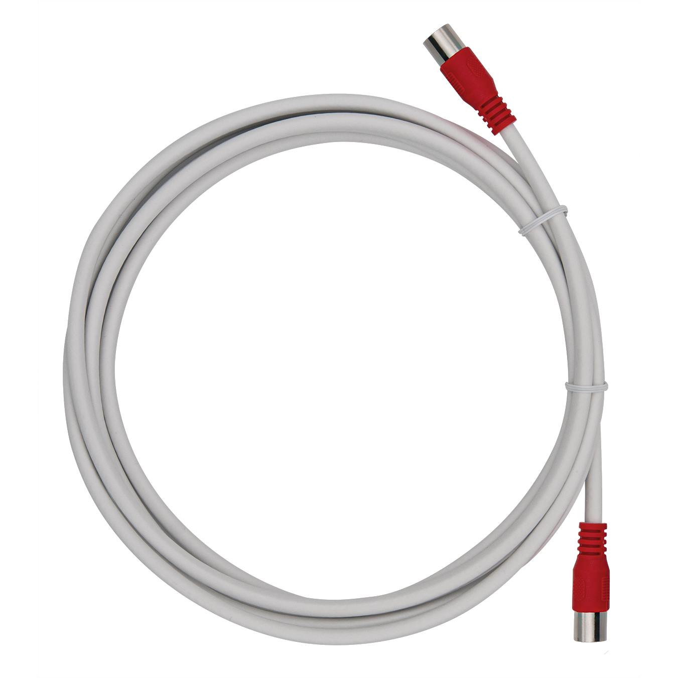 Weißes Kabel mit roten Steckern. Das Kabel ist aufgerollt. Es hat an beiden Enden Stecker.