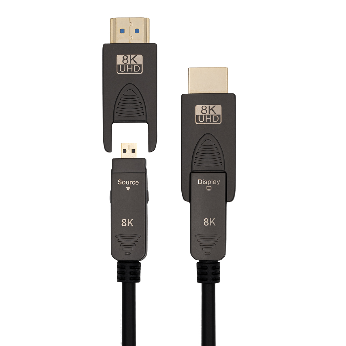 Schwarze 8K UHD HDMI-Kabel mit Anschlüssen für Quelle und Anzeige.
