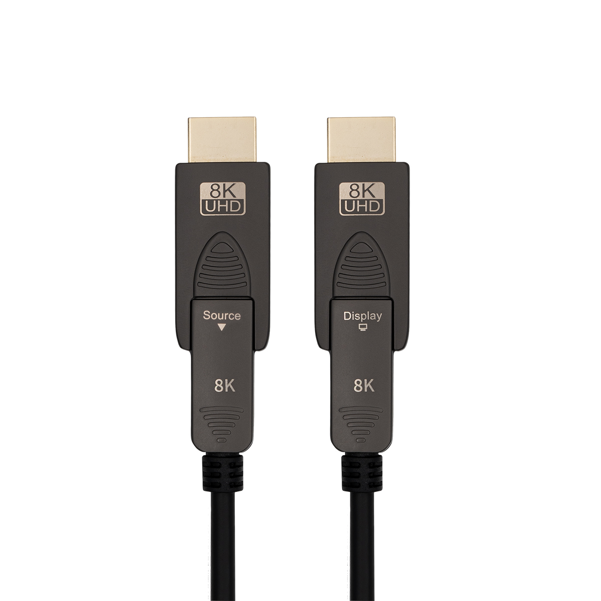 Zwei schwarze 8K UHD HDMI-Kabel, beschriftet mit 'Source' und 'Display', auf weißem Hintergrund.