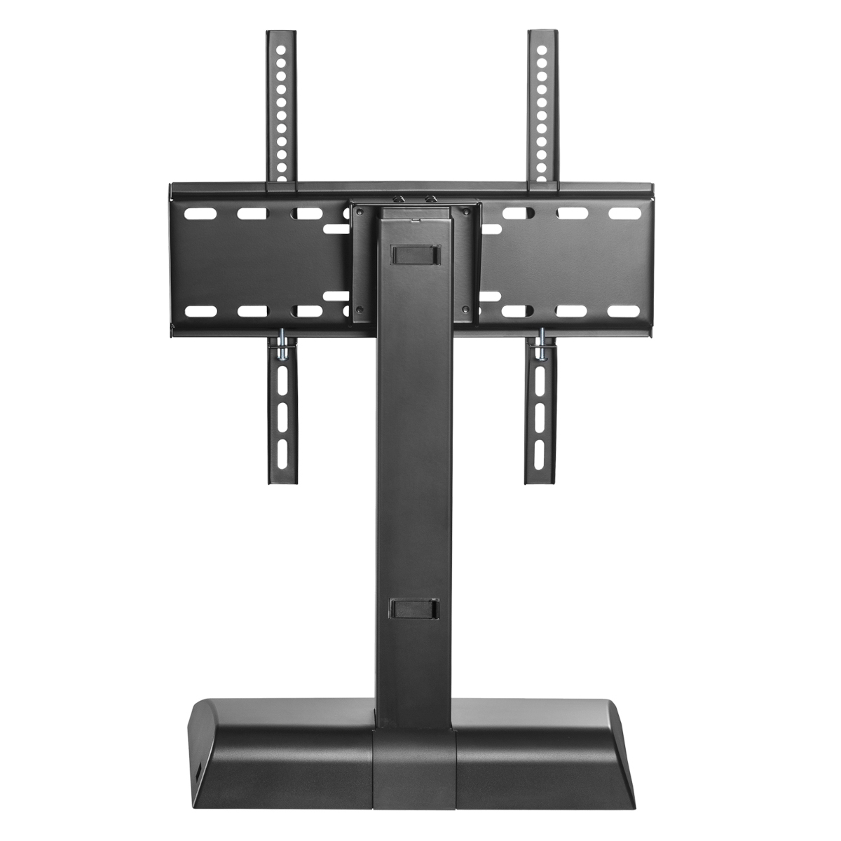 Schwarzer TV-Ständer. Der Ständer hat eine Basis, eine Mittelsäule und Halterungen zur Montage des Fernsehers.