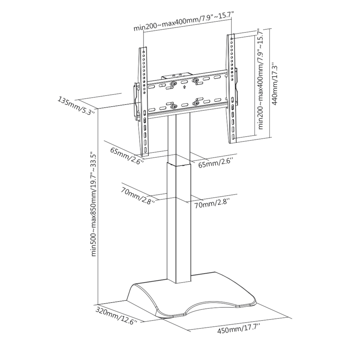 Diagramm eines TV-Ständers mit beschrifteten Abmessungen und Messungen.