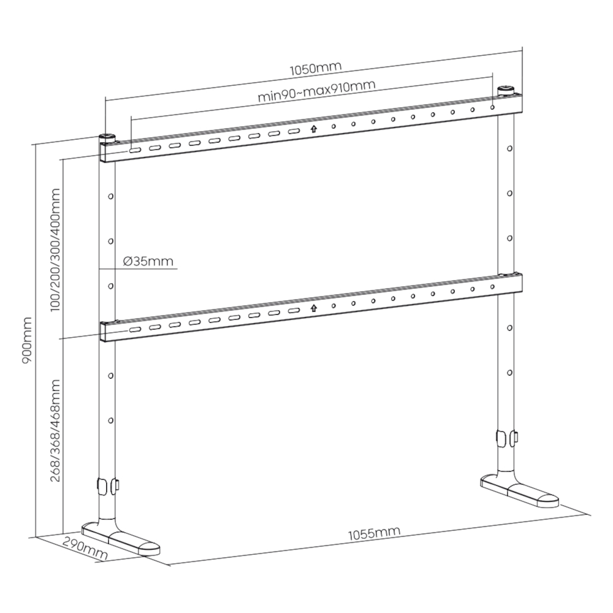 Metallständer mit Maßen. Diagramme und Abmessungen in mm.