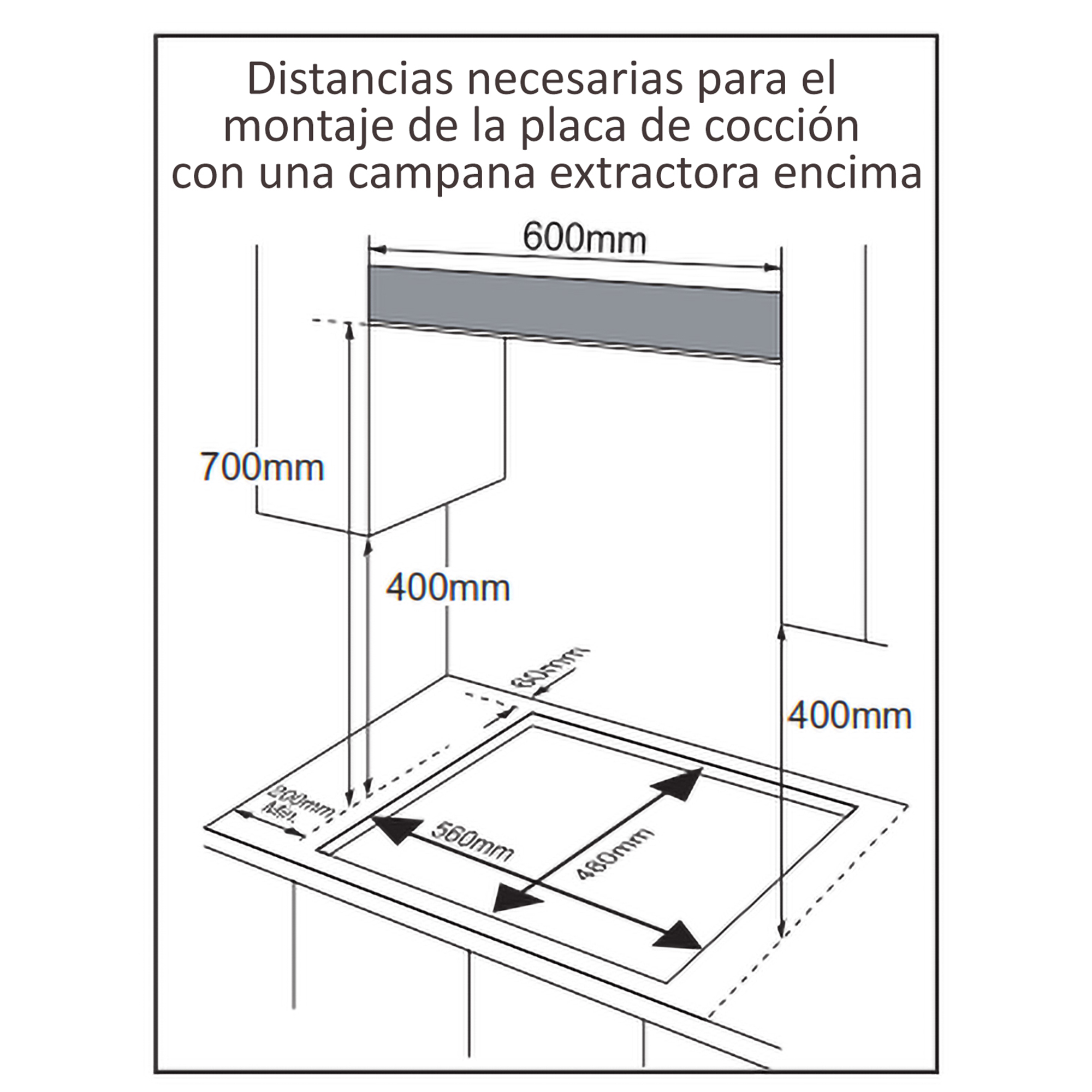 Diagrama que muestra las dimensiones para instalar una placa de cocina y una campana extractora. Medidas en mm.