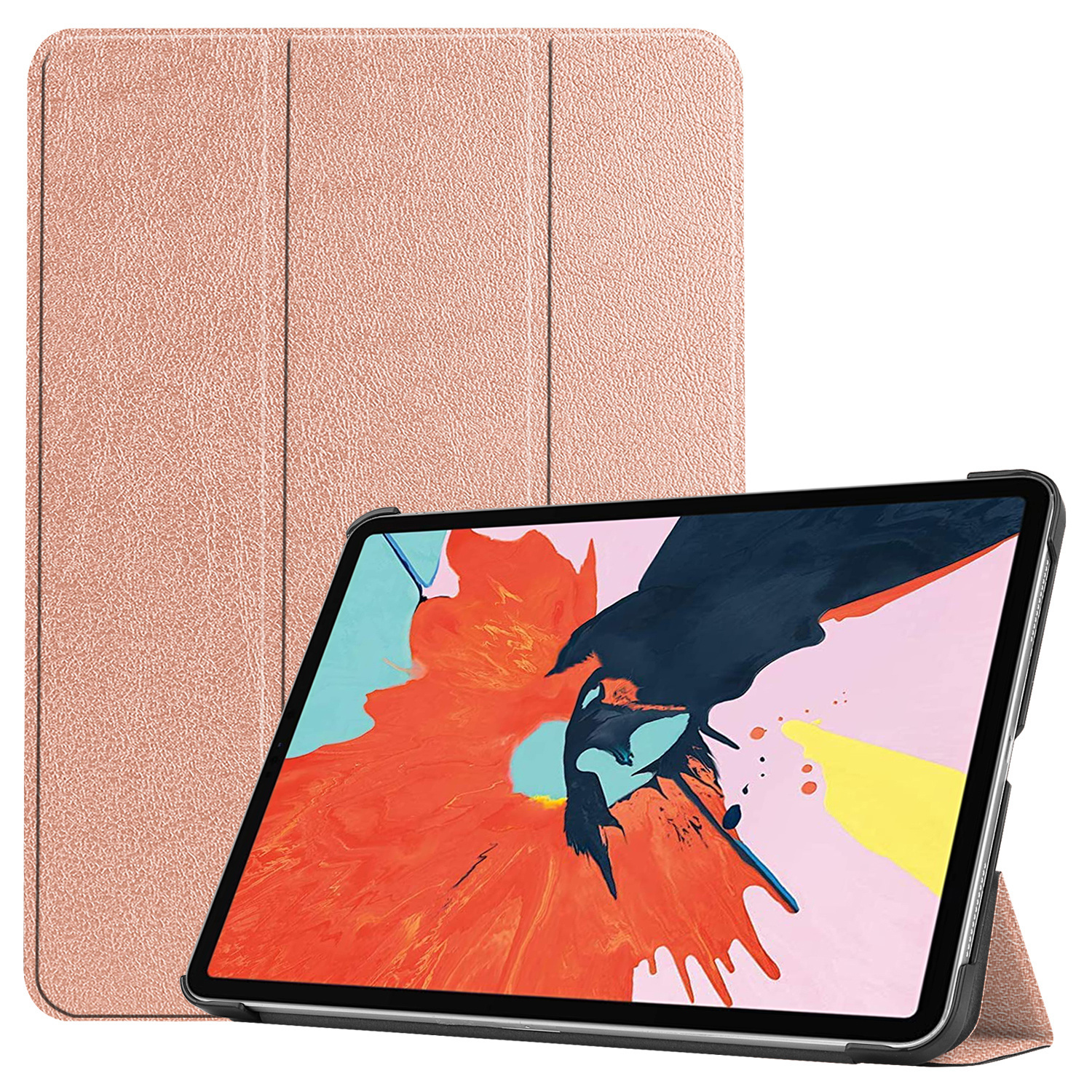 Tablet mit pinker Hülle. Bildschirm zeigt bunte, abstrakte Kunst.