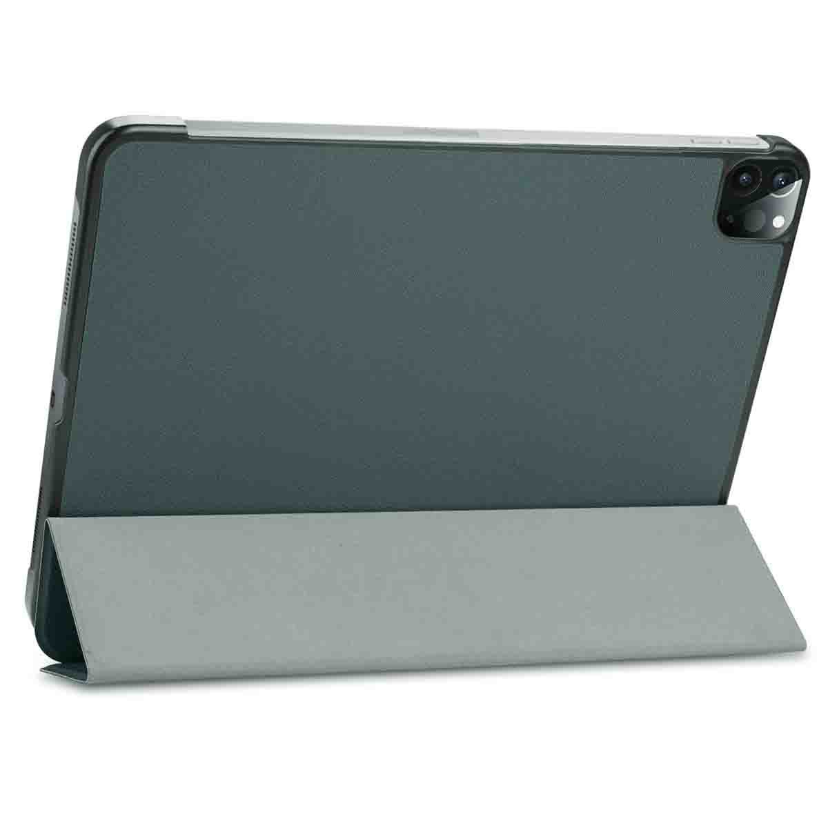 Tablet grigio con cover pieghevole in posizione di supporto.