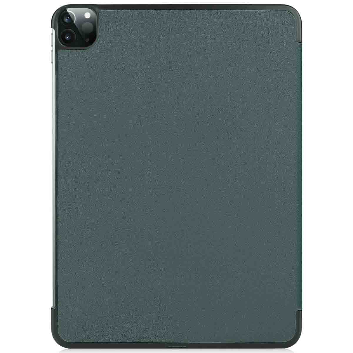 Una custodia per tablet grigio scuro con una fotocamera sul retro. La custodia è chiusa.