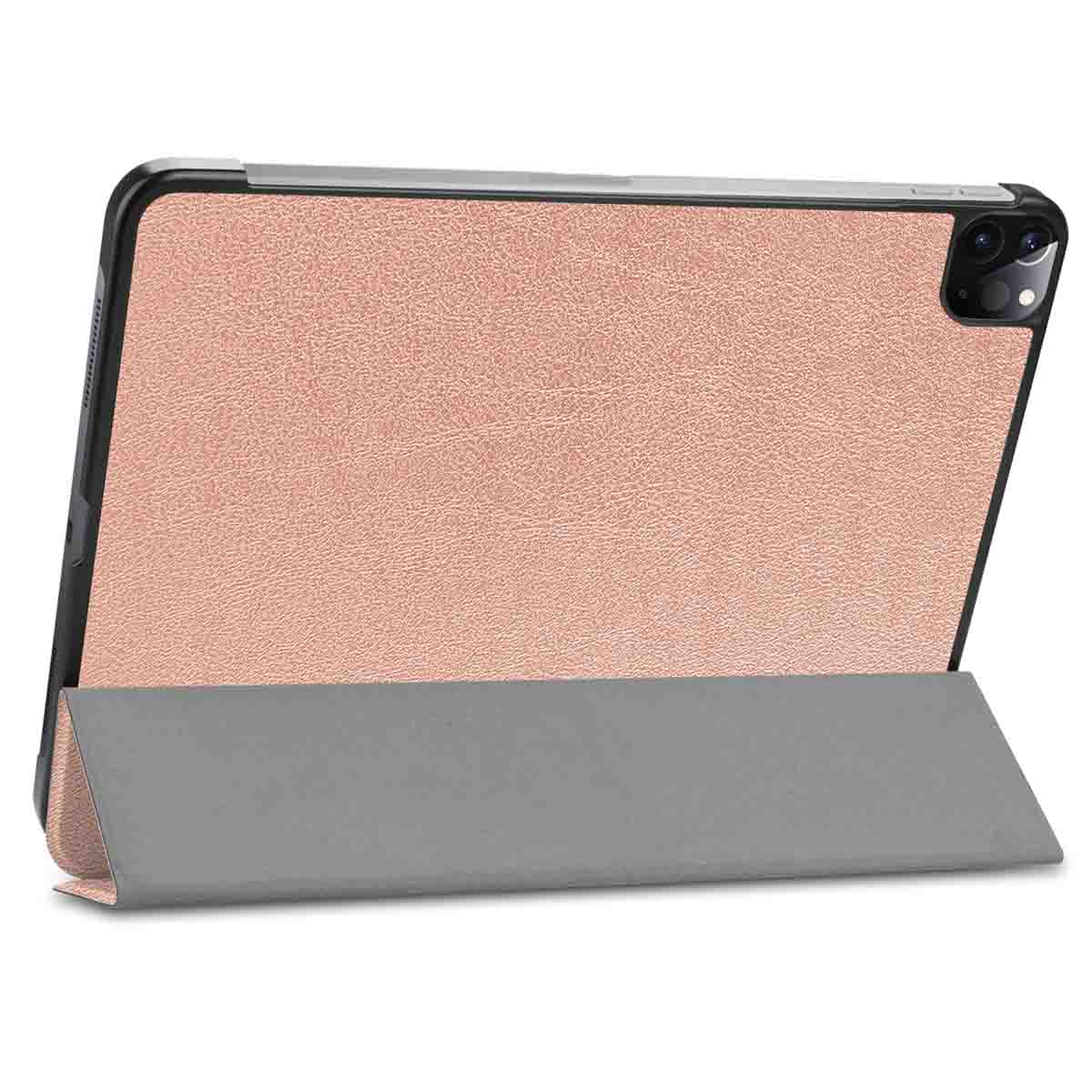 A rose-colored tablet case with a gray stand, shown in an angled view, against a white background.