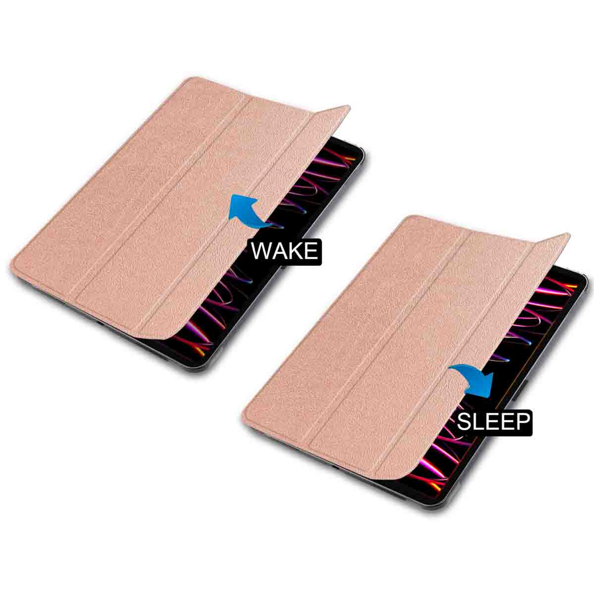 Two tablet cases, one open showing display. The other closed. Text: WAKE & SLEEP.