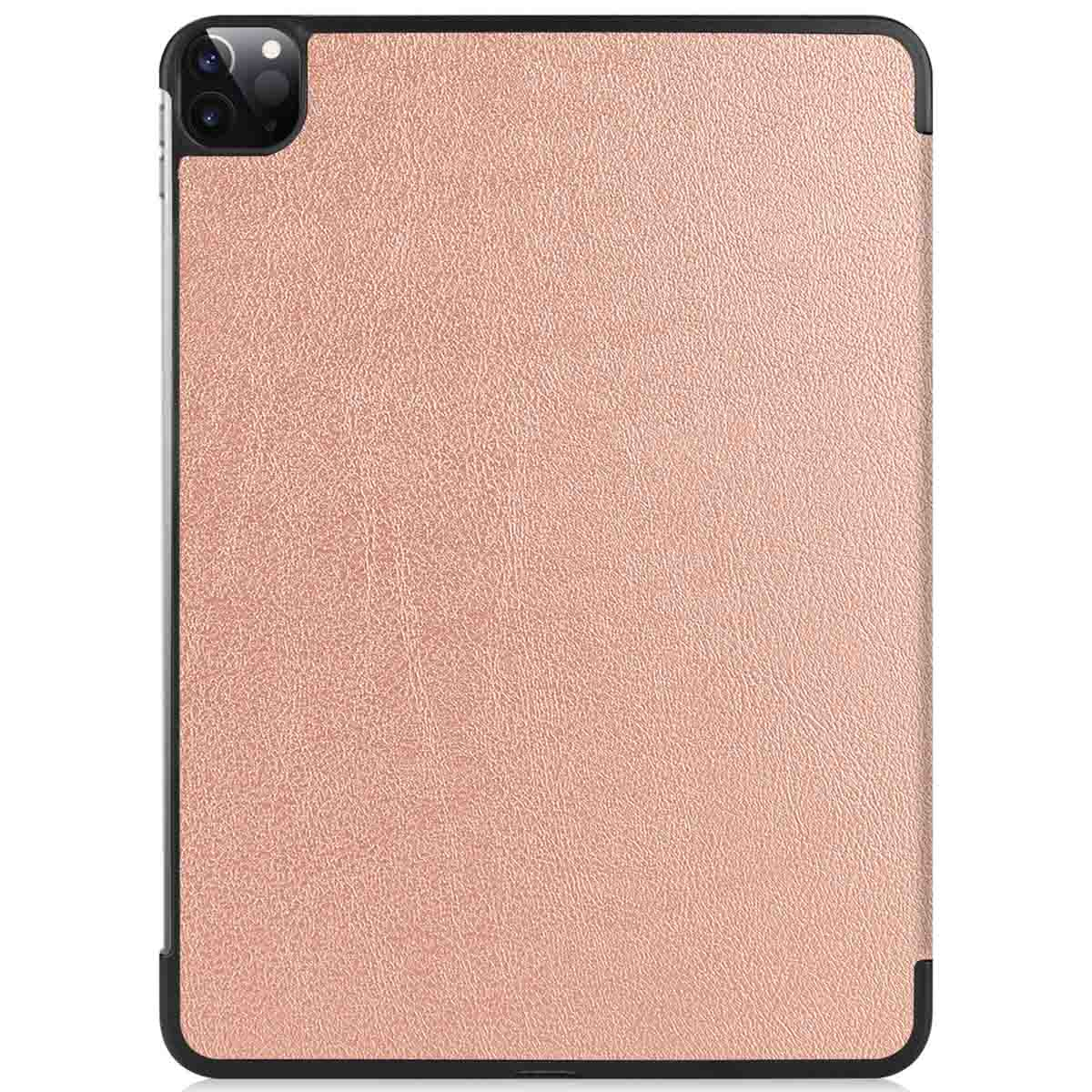 A tablet in a rose-gold case is shown from the back.