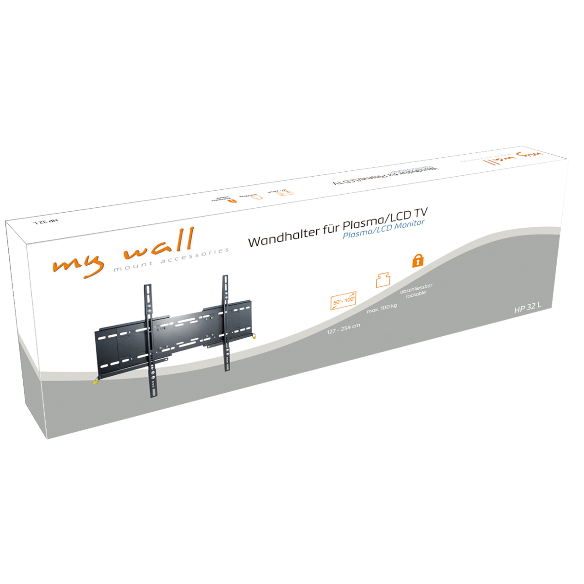 Weiße Box mit schwarzer TV-Wandhalterung und Produktdetails vor weißem Hintergrund.
