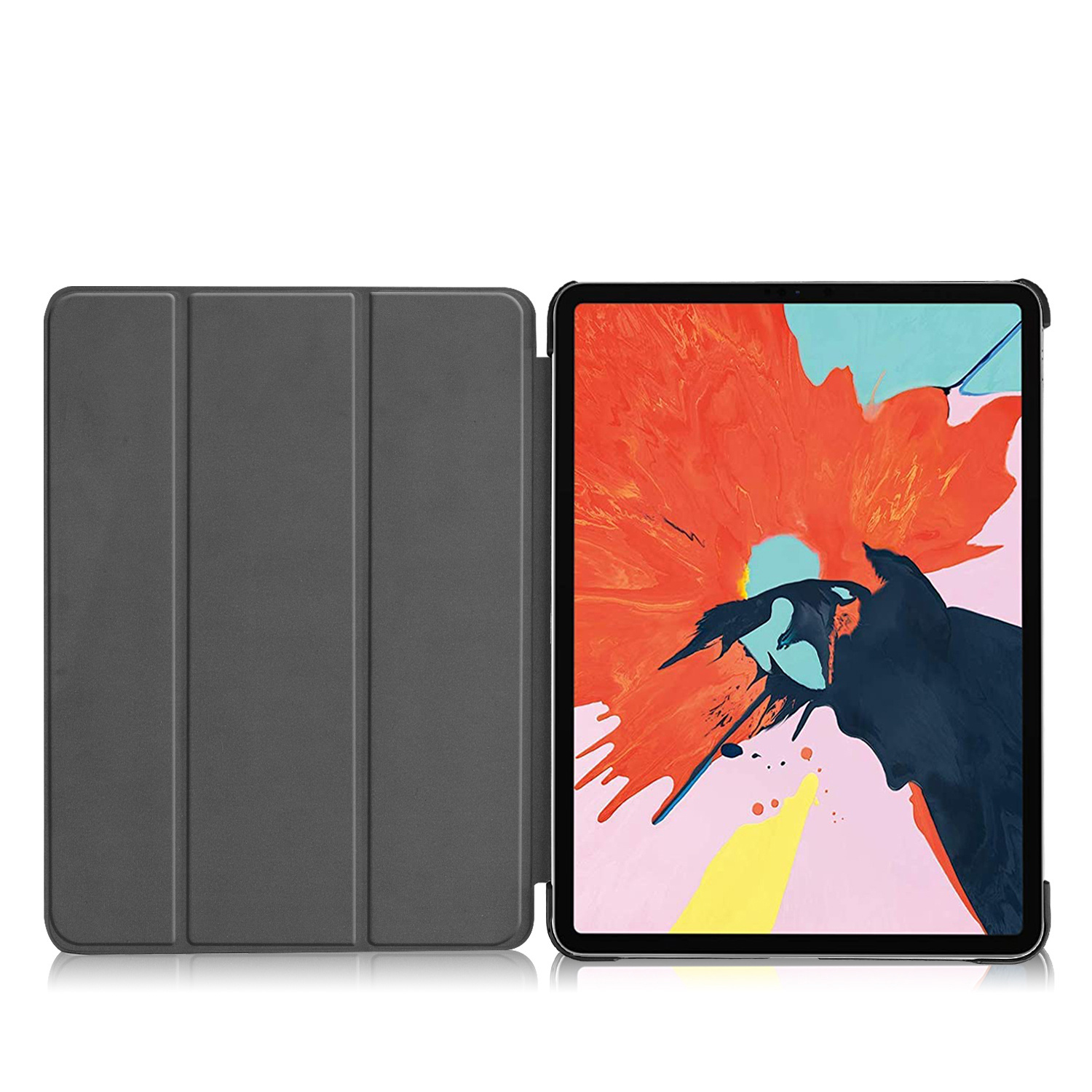 Custodia per tablet grigia aperta, che mostra lo schermo del tablet con arte astratta colorata.