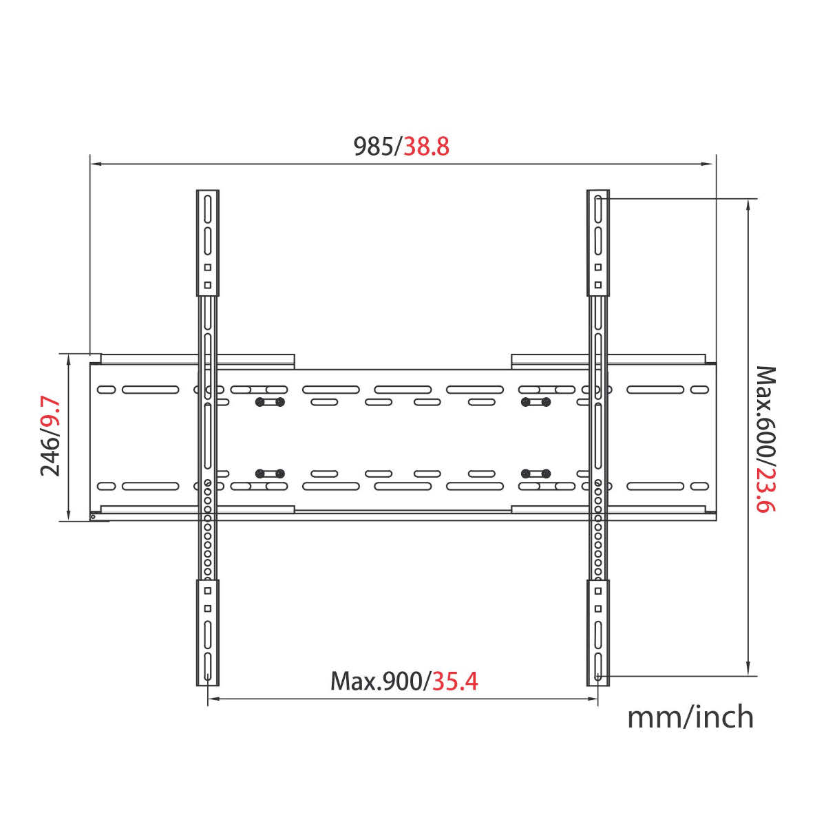Diagramm einer TV-Halterung mit Abmessungen in mm/Zoll.