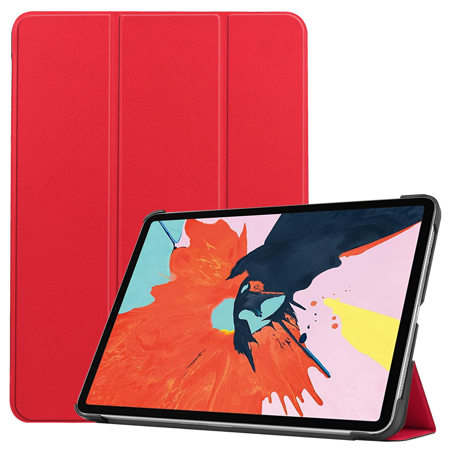 Tablet und rote Hülle. Tablet ist abgewinkelt, die Hülle dient als Ständer. Die Hülle ist geschlossen.