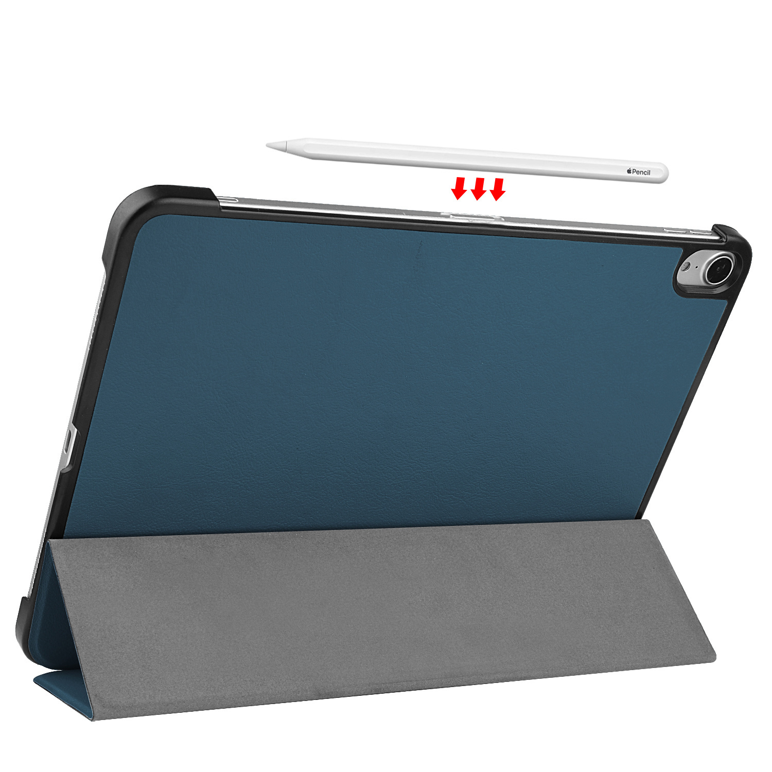 Custodia per tablet blu con penna sopra. La custodia è aperta, la penna sopra lo schermo.