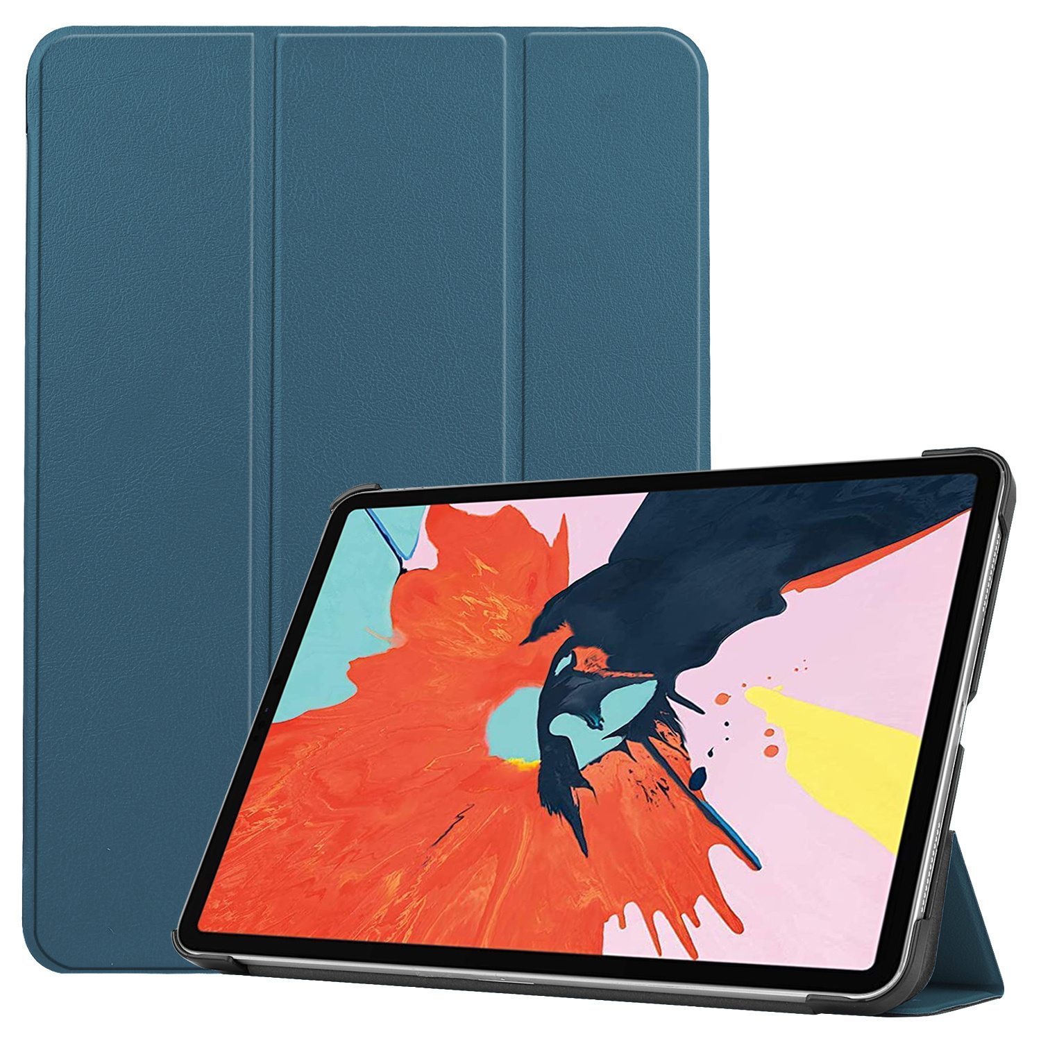 Eine blaue iPad-Hülle mit schwarzem Rahmen. Das iPad liegt auf einer weißen Oberfläche.