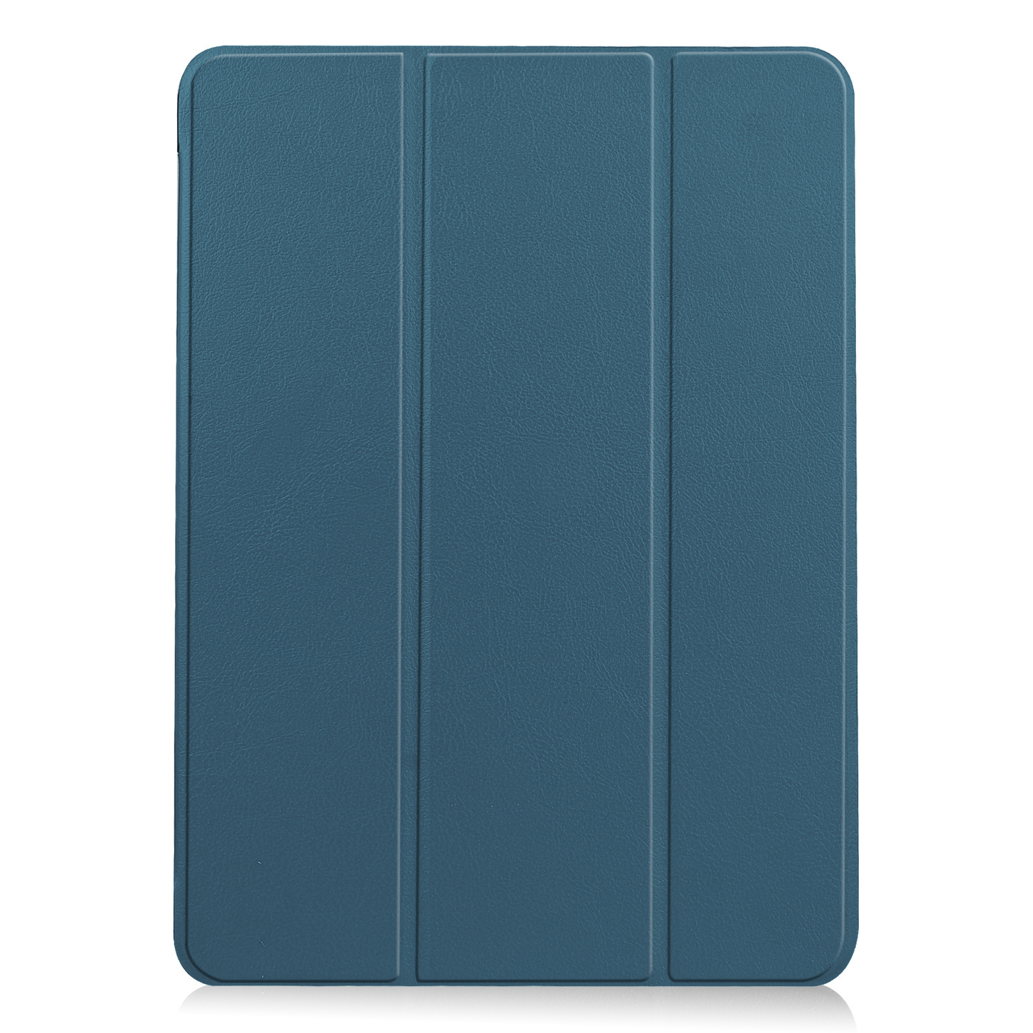 Custodia per tablet verde acqua scuro ripiegata, con tre linee verticali sulla copertina anteriore.