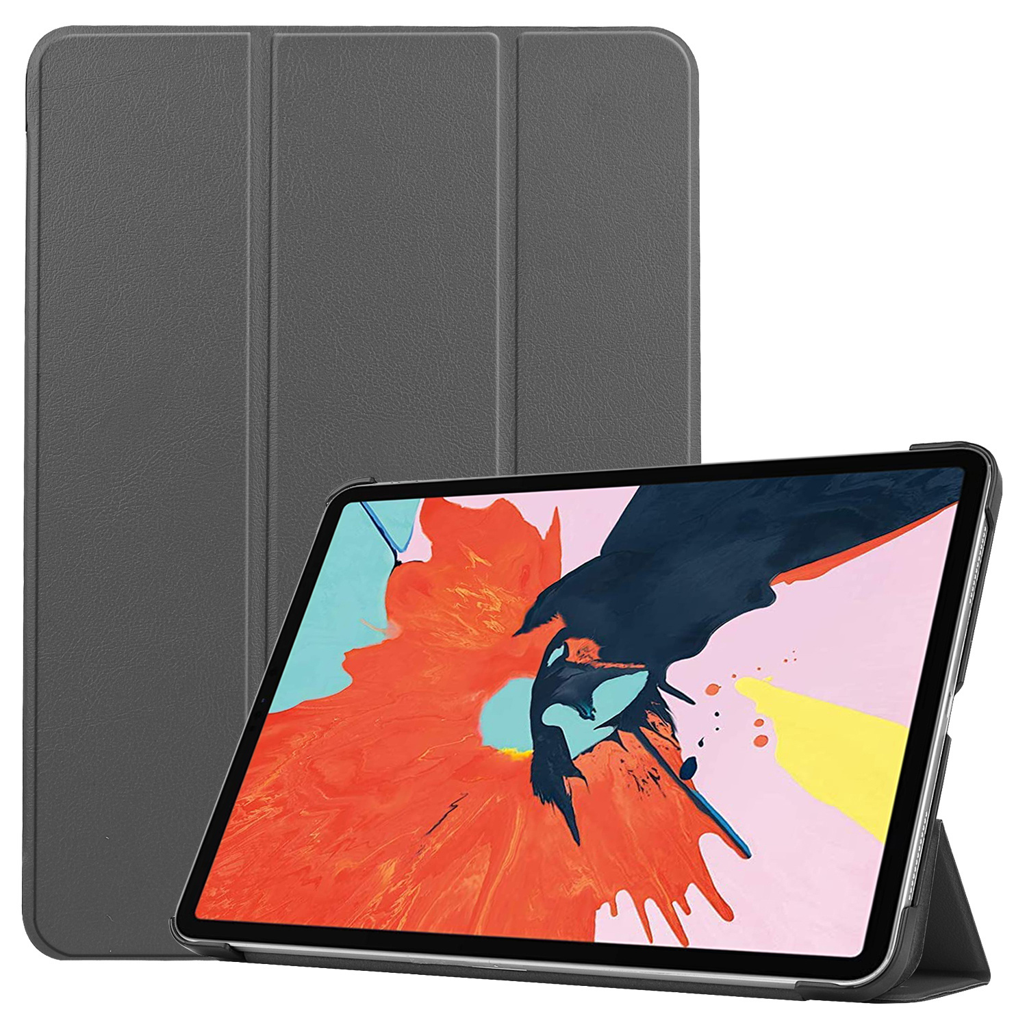 Ein Tablet in einer grauen Hülle wird mit sichtbarem Bildschirm angezeigt.