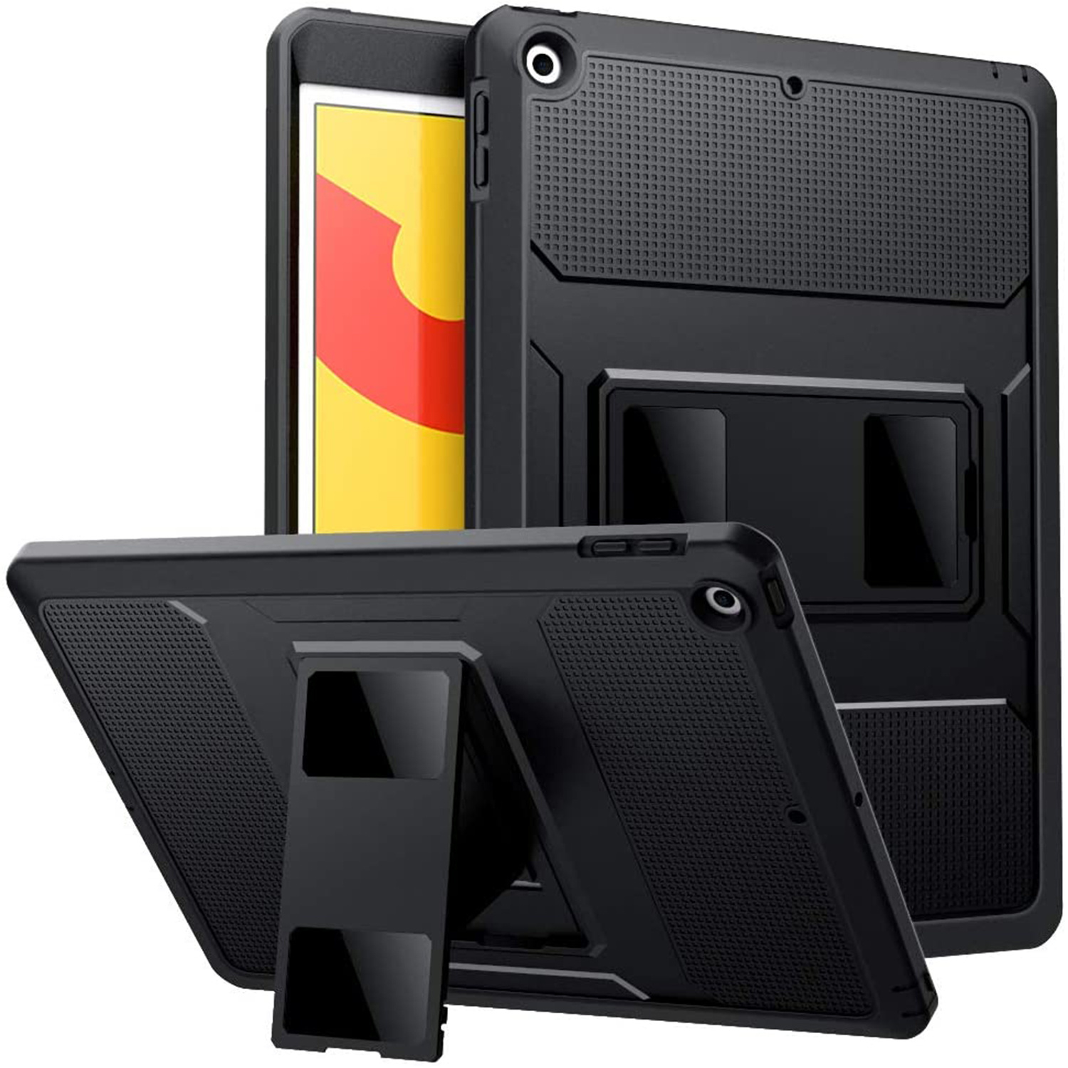 Étui de tablette noir avec fonction support. Trois angles d'affichage. Couleur noire. Fond blanc.