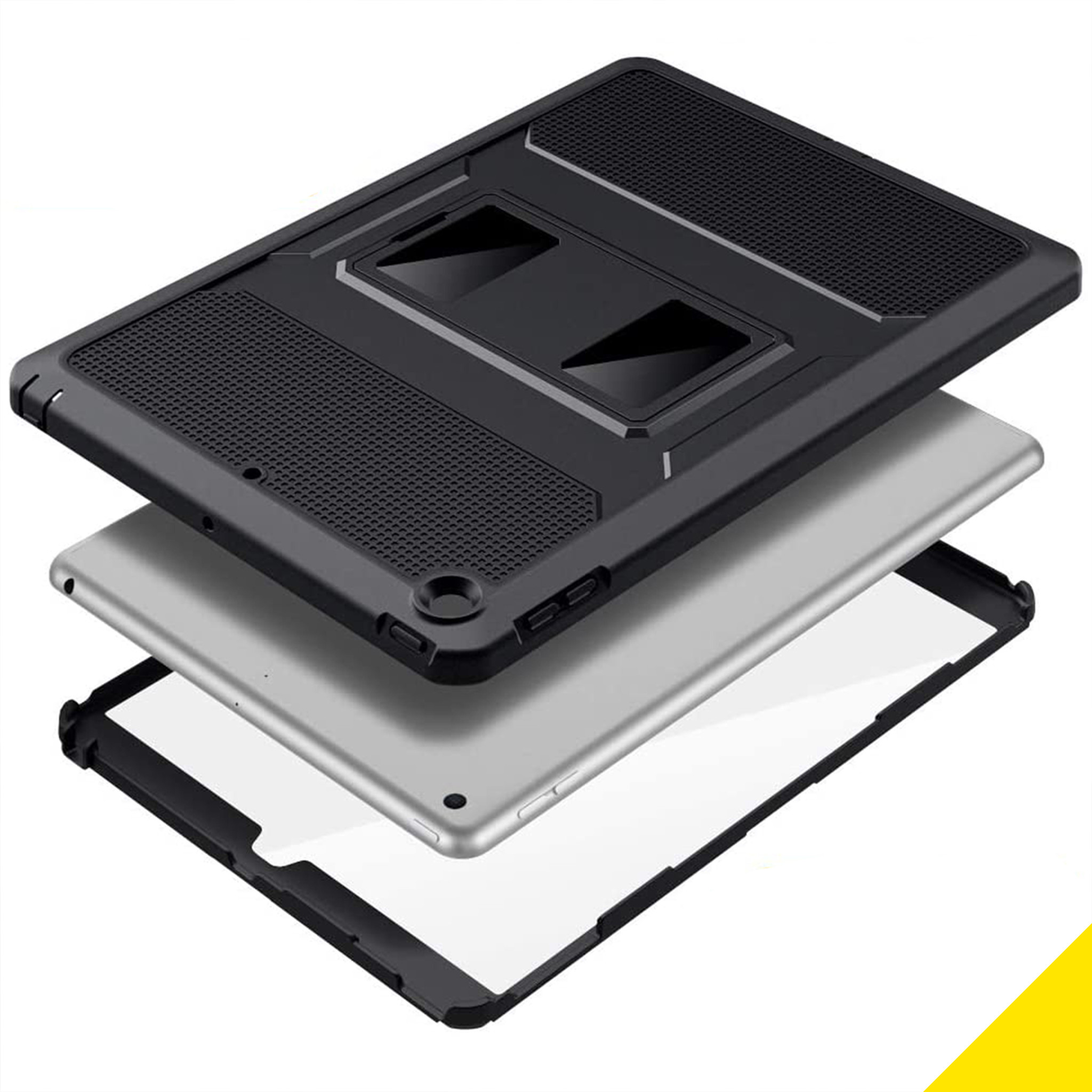 Un étui pour tablette noir et argenté avec un support.