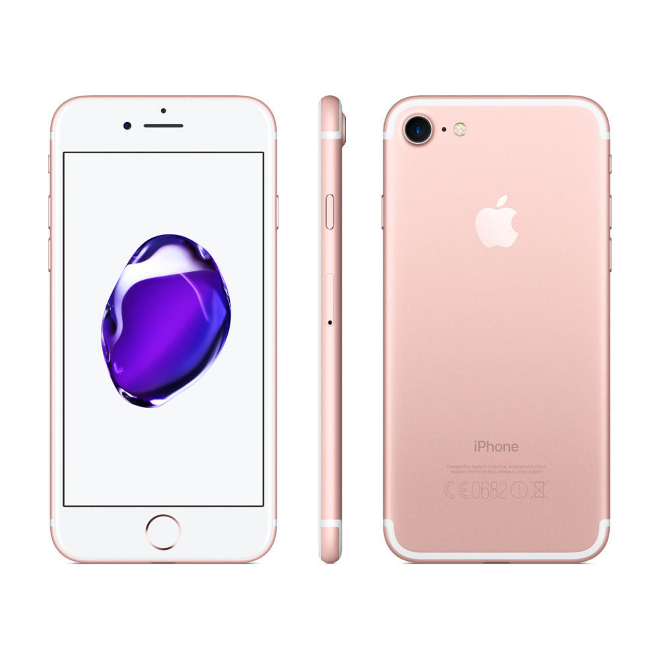 Roségold iPhone, drei Ansichten. Vorne mit Bildschirm, Seite und hinten mit Apple Logo. Weißer Hintergrund.